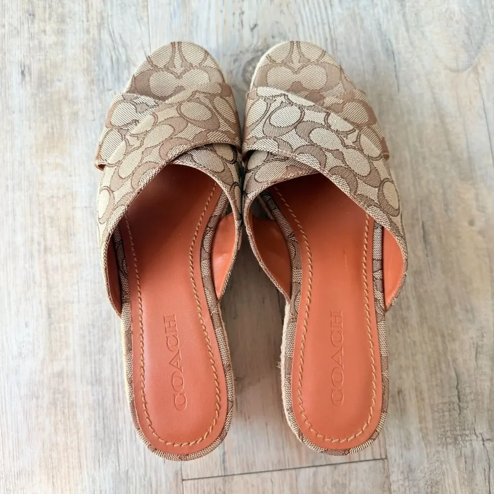 Coach Signature Espadrille Wedge Sandals Brown Tan Y2K Size 10B Vintage